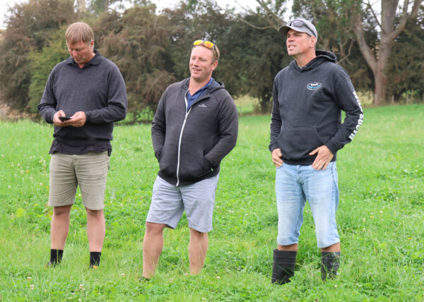 Kiwis Darrell Wendelgelst, Jason Duff, and Jono Bavin take in the new information at Steve Chilcott’s farm in Tasmania.